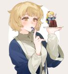  2girls artist_name blonde_hair blue_capelet blue_jacket brown_background capelet chibi collared_shirt dungeon_meshi falin_touden falin_touden_(tallman) food green_eyes hands_up highres holding holding_plate holding_spoon index_finger_raised jacket kei_(momojellyfish) light_blush long_sleeves marcille_donato mini_person minigirl multiple_girls open_clothes open_jacket plate pudding shirt short_hair signature simple_background size_difference solo_focus spoon swept_bangs upper_body white_background white_shirt wide_sleeves yellow_eyes 