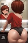  1girl absurdres ass ass_focus back bathroom black_panties breasts brown_eyes brown_hair brushing_teeth echo_saber from_behind helen_parr highres holding holding_toothbrush huge_ass mature_female medium_breasts panties short_hair solo the_incredibles thick_thighs thighs tile_wall tiles toothbrush toothbrush_in_mouth underwear 