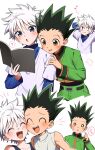  2boys :3 ? ^_^ absurdres arms_behind_head aruminsuko black_hair blue_eyes blush book brown_eyes closed_eyes fang gon_freecss hair_between_eyes highres holding holding_book hunter_x_hunter jacket killua_zoldyck layered_sleeves long_sleeves male_focus multiple_boys multiple_views musical_note o_o open_mouth puff_of_air shirt shorts simple_background sleeveless spiked_hair spoken_question_mark spoken_sweatdrop sweat sweatdrop turtleneck white_background white_hair 