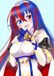  1girl absurdres alear_(female)_(fire_emblem) alear_(fire_emblem) blue_background blue_eyes blue_hair braid breasts commentary_request crossed_bangs crown_braid fire_emblem fire_emblem_engage heterochromia highres large_breasts long_hair looking_at_viewer multicolored_hair open_mouth own_hands_together red_eyes red_hair smile solo split-color_hair steepled_fingers tiara two-tone_hair very_long_hair zero-theme 