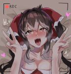  1girl ahegao black_hair blush bow breasts cleavage commentary_request cookie_(touhou) double_v frilled_bow frills hair_between_eyes hair_bow hair_intakes hakurei_reimu heart heart-shaped_pupils highres implied_sex long_bangs long_hair manatsu_no_yo_no_inmu medium_breasts nose_blush open_mouth recording red_bow red_shirt shirt solo strapless strapless_shirt symbol-shaped_pupils tirano_tenchou tongue tongue_out touhou upper_body v yuyusu_(cookie) 