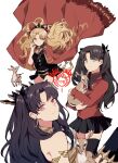  3girls animal armlet black_hair black_nails black_skirt black_thighhighs blonde_hair blue_eyes bow cape closed_mouth comiket_103 deer earrings ereshkigal_(fate) fate/grand_order fate/stay_night fate_(series) floating_hair gold_earrings hair_bow highres holding holding_animal hoop_earrings ishtar_(fate) jewelry long_hair looking_at_viewer miniskirt multiple_girls multiple_persona parted_bangs parted_lips pleated_skirt red_cape red_eyes red_shirt shirt simple_background skirt skull sodamachi thighhighs tiara tohsaka_rin turtleneck two_side_up very_long_hair white_background zettai_ryouiki 