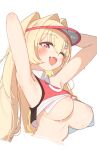  1girl ;d arms_up blonde_hair blush breasts clay_(nikke) goddess_of_victory:_nikke highres large_breasts looking_at_viewer medium_breasts nipples one_eye_closed open_mouth rasusurasu simple_background smile solo upper_body white_background 