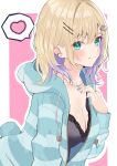  1girl absurdres animal_hair_ornament black_camisole blonde_hair blue_eyes blue_jacket blue_nails blush breasts camisole chain_necklace cleavage collarbone commentary drawstring ear_piercing hair_ornament hairclip heart highres hood hooded_jacket jacket jewelry kurumi_noah multicolored_clothes multicolored_hair multicolored_jacket nakano_kura necklace partially_unzipped piercing pink_background purple_hair ring speech_bubble spoken_heart sweater two-tone_background two-tone_hair two-tone_jacket virtual_youtuber vspo! white_background zipper zipper_pull_tab 