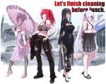  4girls alternate_costume alternate_hairstyle black_hair cinderella_(nikke) crop_top denim dress full_body fune_(fune93ojj) goddess_of_victory:_nikke heretics_(nikke) highres indivilia_(nikke) jeans liberalio_(nikke) multicolored_hair multiple_girls nihilister_(nikke) pants purple_hair red_eyes red_hair streaked_hair tattoo white_hair 