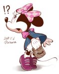  2019 ?! accessory anthro clothing disney female footwear gloves hair_accessory hair_bow hair_ribbon handwear high_heels holding_object mammal minnie_mouse mouse murid murine nonananana open_mouth ribbons rodent shoes signature simple_background solo tongue 