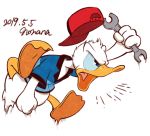  2019 anatid angry anseriform anthro avian beak bird bottomless clothed clothing disney donald_duck duck hat headgear headwear male nonananana open_mouth signature simple_background solo tongue tools 