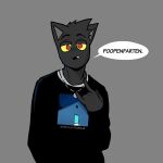  1:1 anthro arthur_(ghozt) biped black_body black_fur clothed clothing dialogue domestic_cat felid feline felis fur ghozt hi_res male mammal orange_sclera red_eyes solo speech_bubble 