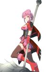  1girl axe battle_axe blunt_bangs fire_emblem fire_emblem:_three_houses fire_emblem_warriors:_three_hopes freikugel_(weapon) hilda_valentine_goneril holding holding_polearm holding_weapon igamushi4848 long_hair looking_at_viewer pink_eyes pink_hair polearm red_footwear weapon 