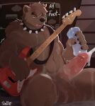 absurd_res anthro bear big_penis bodily_fluids brown_body brown_fur brown_hair claws collar cum cum_everywhere cum_on_penis cum_on_sofa cumshot ejaculation electric_guitar front_view fur furniture genital_fluids genitals guitar hair hi_res male mammal masturbation messy musical_instrument pache_riggs penetrable_sex_toy penile penile_masturbation penis plucked_string_instrument sex_toy sitting sofa solo spiked_collar spikes string_instrument sweat
