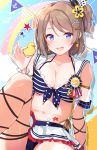  1girl :d bare_shoulders bikini blue_bikini blue_eyes breasts brown_hair cleavage earrings front-tie_bikini front-tie_top goroo_(eneosu) hair_ornament highres jewelry knee_up large_breasts looking_at_viewer love_live! love_live!_sunshine!! midriff miniskirt navel one_side_up open_clothes open_mouth rubber_duck sailor_bikini sailor_collar see-through short_hair sidelocks sitting skirt smile solo stomach striped striped_bikini swimsuit thighs watanabe_you white_skirt wrist_cuffs x_hair_ornament 