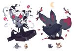  bandages black_eyes charamells coffin commentary creature crescent_moon dusclops eevee english_commentary full_body fusion gen_1_pokemon gen_3_pokemon gen_5_pokemon gen_7_pokemon grass highres mimikyu moon multiple_fusions no_humans pokemon pokemon_(creature) red_eyes simple_background standing white_background zorua 