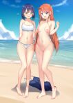  2girls absurdres bare_legs barefoot beach bikini blue_eyes blue_hair blue_one-piece_swimsuit blue_sky blush breasts brown_eyes cameltoe cloud commission commissioner_upload day embarrassed feet flip_flappers full_body hair_between_eyes hair_ornament hairclip highres kokomine_cocona long_hair looking_at_viewer medium_breasts medium_hair multiple_girls nabunabu navel non-web_source one-piece_swimsuit orange_hair outdoors papika_(flip_flappers) public_indecency public_nudity sand shore skin_tight sky swimsuit toenails toes white_bikini 