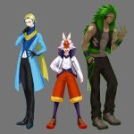  3boys :d absurdres black_gloves black_pants cinderace closed_mouth commentary_request dark_skin dark_skinned_male facial_mark full_body furrowed_eyebrows gen_8_pokemon gloves green_hair grey_background hand_in_pocket hand_on_hip highres inteleon long_hair long_sleeves looking_at_viewer male_focus monocle multicolored_hair multiple_boys open_mouth pants parted_lips personification pokemon red_eyes rillaboom shoelaces shoes simple_background smile smirk starter_pokemon starter_pokemon_trio tied_hair two-tone_hair upper_body white_hair yakou_(pixiv10740516) yellow_eyes 