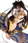  1girl armlet asymmetrical_legwear bare_shoulders black_hair breasts charmiisan detached_sleeves earrings elbow_gloves fate/grand_order fate_(series) gloves hair_ribbon highres hoop_earrings ishtar_(fate) jewelry long_hair looking_at_viewer medium_breasts navel parted_bangs red_eyes ribbon single_detached_sleeve single_elbow_glove single_thighhigh solo thighhighs uneven_legwear 