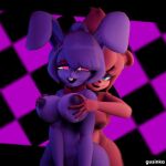 animatronic anthro bear big_breasts blue_eyes bonnie_(cally3d) bonnie_(fnaf) bow_tie breast_grab breasts brown_hair buckteeth duo female female/female five_nights_at_freddy&#039;s freddy_(fnaf) fredina&#039;s_nightclub fredina_(cally3d) gusinka hair hand_on_breast lagomorph leporid machine mammal nipples pink_eyes rabbit robot scottgames teeth thick_thighs