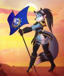 5:6 anthro armor ashley_(ashleyboi) biped black_hair blue_body blue_fur boots butt canid canine cheek_tuft clothed clothing cloud countershade_butt countershade_face countershade_fur countershading digital_media_(artwork) ear_piercing eyebrows eyelashes facial_tuft female flag footwear fox fur gloves hair handwear helldivers hi_res high_heeled_boots high_heels holding_flag holding_object inner_ear_fluff long_hair looking_at_viewer looking_back looking_back_at_viewer male_(lore) mammal outside piercing pink_eyes ponytail rainbow_piercings rainbow_symbol rear_view shaded solo spider_bones sunset tuft white_body white_fur white_inner_ear_fluff