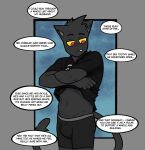 absurd_res anthro arthur_(ghozt) biped bulge clothed clothing dialogue domestic_cat felid feline felis ghozt hi_res male mammal navel orange_sclera red_eyes solo tail