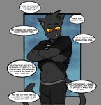  absurd_res anthro arthur_(ghozt) biped bulge clothed clothing dialogue domestic_cat felid feline felis ghozt hi_res male mammal navel orange_sclera red_eyes solo tail 