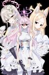  3girls animal_ear_fluff animal_ears bakemon_(artist) black_background black_eyes blonde_hair blood blood_on_clothes blood_on_face blue_archive breasts closed_mouth cup dress flower gun hair_between_eyes hair_bun halo highres holding holding_cup holding_gun holding_weapon long_hair looking_at_viewer mika_(blue_archive) multiple_girls nagisa_(blue_archive) pantyhose parted_lips pink_flower pink_hair scrunchie seia_(blue_archive) simple_background single_side_bun sleeveless sleeveless_dress sleeves_past_fingers sleeves_past_wrists tea_party_(blue_archive) very_long_hair weapon white_dress white_flower white_pantyhose white_wings wings wrist_scrunchie 