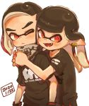  1boy 1girl bandana bangs black_bandana black_gloves black_hair black_shirt blunt_bangs brother_and_sister commentary dated domino_mask ear_clip fangs gloves gradient_hair harutarou_(orion_3boshi) hug hug_from_behind inkling light_frown long_hair looking_at_another looking_at_viewer mask medium_hair multicolored_hair one_eye_closed open_mouth pointy_ears red_eyes red_hair shirt short_sleeves siblings simple_background smile sparkle splatoon_(series) standing t-shirt tentacle_hair twins white_background 