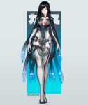  1girl black_hair bodysuit cesar_art456 character_name draw_this_in_your_style_challenge full_body grey_background highres long_hair looking_at_viewer raven_(stellar_blade) sidelocks skin_tight solo standing stellar_blade swept_bangs 