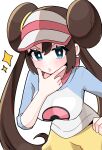  1girl absurdres blue_eyes blush breasts brown_hair double_bun hair_bun hand_on_own_chin hand_on_own_hip highres looking_at_viewer pantyhose pokemon pokemon_bw2 pokemon_masters_ex raglan_sleeves rosa_(pokemon) simple_background solo uni_we visor_cap white_background 