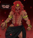  abs angry areola armband barazoku beard biceps big_areola big_biceps big_muscles big_nipples big_pecs body_hair bracelet breath_of_the_wild clothed clothing dark_skin dialogue ear_piercing ear_ring elf english_text facial_hair fangs front_view ganondorf gerudo glowing glowing_eyes gold_(metal) gold_jewelry hair headdress hi_res humanoid humanoid_pointy_ears jewelry long_hair looking_at_viewer male manly muscular muscular_male nintendo nipple_piercing nipples open_mouth pecs piercing ponytail pubes red_hair ring sarong scar sharp_teeth simple_background sin_bruh solo speech_bubble standing teeth text the_legend_of_zelda thick_thighs topless vein veiny_muscles video_games yellow_eyes 