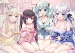  4girls :d :q bare_shoulders black_bow black_hair bloomers blue_eyes blue_hair blue_jacket blurry blurry_background blush bow braid breasts camisole character_request cleavage collaboration_request collarbone collared_shirt commentary_request controller depth_of_field dress dress_shirt fang game_controller gradient_hair grey_eyes grey_hair hair_bow hair_ornament hairclip holding hoshi_(snacherubi) indie_virtual_youtuber jacket kneehighs long_hair long_sleeves medium_breasts mitsuba_choco mitsuba_choco_(vtuber) mole mole_under_eye multicolored_hair multiple_girls off_shoulder open_clothes open_jacket pink_camisole pink_hair pink_jacket plaid plaid_bow puffy_long_sleeves puffy_sleeves purple_hair shirt short_shorts shorts sitting sleeveless sleeveless_dress sleeves_past_wrists smile socks star_(symbol) star_hair_ornament streaked_hair striped_clothes striped_socks suimya suimya_(vtuber) teardrop tongue tongue_out twintails very_long_hair wavy_mouth white_bloomers white_dress white_shirt white_shorts white_socks x_hair_ornament yellow_dress yokozuwari 