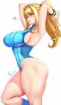  1girl anisdrawn armpits arms_up blonde_hair blue_eyes breasts hair_ornament hair_tie high_ponytail highres large_breasts lips long_hair metroid mole mole_under_mouth one-piece_swimsuit pink_lips samus_aran sideboob sidelocks signature simple_background solo swimsuit thick_thighs thighs 