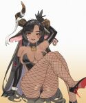  absurdres animal_ears armpits ass black_hair braid breasts broken_horn cleavage dark-skinned_female dark_skin earrings elbow_gloves fishnets gloves guardian_tales heart_on_cheek high_heels highres horn_huntress_toga horns jewelry korean_commentary large_breasts leotard long_hair looking_at_viewer mixed-language_commentary open_mouth orange_eyes playboy_bunny scar scar_on_cheek scar_on_face scar_on_shoulder single_earring sitting tan toulalan twin_braids very_long_hair 