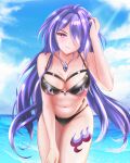  1girl acheron_(honkai:_star_rail) adapted_costume ahoge alternate_costume bare_shoulders bikini black_bikini blue_sky breasts cleavage cloud cloudy_sky collarbone commentary_request cowboy_shot groin hair_intakes hair_over_one_eye hand_in_own_hair hand_on_own_thigh highres honkai:_star_rail honkai_(series) jewelry large_breasts leaning_forward leg_tattoo long_hair looking_at_viewer multicolored_hair navel necklace ocean outdoors purple_eyes purple_hair sefilom sky smile solo standing stomach streaked_hair swimsuit tattoo wet 