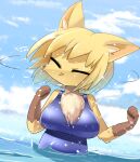  1girl animal_ear_fluff animal_ears blonde_hair blue_one-piece_swimsuit blue_sky breasts closed_eyes cloud commentary_request day dutch_angle fox_ears fox_girl furry furry_female large_breasts lets0020 medium_bangs ocean one-piece_swimsuit open_mouth original short_hair skirt sky solo swimsuit upper_body water yellow_skirt 