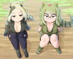  2girls :&lt; black-framed_eyewear black_footwear black_gloves black_pants black_shorts blush boots bow braid breasts cleavage closed_mouth collarbone commentary_request dirt fingerless_gloves from_above full_body glasses gloves grass green_eyes green_footwear green_hair green_shirt hair_bow kemono_friends large_breasts lets0020 lizard_tail looking_at_viewer medium_bangs multiple_girls pants pink_bow saltwater_crocodile_(kemono_friends) shirt short_hair short_sleeves shorts sitting spectacled_caiman_(kemono_friends) tail torn_clothes torn_pants twin_braids v-shaped_eyebrows 
