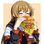  1girl blush bow bowtie brown_hair burger burger_malfunction cheese closed_eyes commentary d4dj eating food highres holding holding_burger holding_food jacket long_hair long_sleeves solo tanny_v tomato yamate_kyouko 