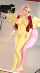  3d_(artwork) 9:16 absurd_res anthro areola big_breasts bottomless breasts clothed clothing digital_media_(artwork) equid equine eyewear female fluttershy_(mlp) friendship_is_magic glasses hand_on_hip hevexy hi_res jacket mammal my_little_pony nipples pegasus smile solo topwear wings 
