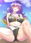  0002koko 1girl absurdres bikini black_bikini breasts highres hijiri_byakuren long_hair outdoors purple_hair sitting solo swimsuit touhou 