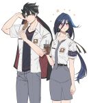  1boy 1girl black_hair blue_hair blue_necktie clorinde_(genshin_impact) couple cowboy_shot genshin_impact hetero highres indonesian_high_school_uniform long_hair multicolored_hair necktie overshirt pencil_skirt purple_eyes purple_hair rchella school_uniform short_hair skirt smile sparkle streaked_hair white_background wriothesley_(genshin_impact) 