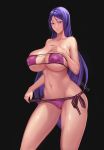  1girl absurdres bangs bare_shoulders bikini black_background breasts cleavage covered_nipples eyepatch_bikini fate/grand_order fate_(series) hand_on_own_chest highres kl1251787363 large_breasts long_hair minamoto_no_raikou_(fate/grand_order) minamoto_no_raikou_(swimsuit_lancer)_(fate) navel parted_bangs parted_lips purple_bikini purple_eyes purple_hair side-tie_bikini standing stomach strap_pull strapless strapless_bikini swimsuit thighs underboob very_long_hair 
