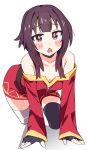  1girl all_fours bandaged_leg bandages bare_shoulders black_gloves black_thighhighs blush_stickers brown_hair commentary dress fingerless_gloves gloves highres kono_subarashii_sekai_ni_shukufuku_wo! long_sleeves looking_at_viewer megumin noyama_takenoko off-shoulder_dress off_shoulder open_mouth red_eyes short_hair_with_long_locks simple_background single_thighhigh solo thighhighs triangle_mouth white_background zettai_ryouiki 