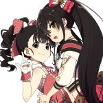  2girls alternate_hairstyle animal_print bare_shoulders black_eyes black_hair blush bow bowtie breasts closed_mouth cross_tie dot_nose dress dress_bow drill_hair drill_ponytail flat_chest fox_shadow_puppet frilled_dress frilled_ribbon frills from_side fukuyama_mai ganeshia gloves hair_between_eyes hair_bow hair_ribbon hand_up highres hug idolmaster idolmaster_cinderella_girls idolmaster_cinderella_girls_starlight_stage jacket leopard_print long_hair long_sleeves looking_at_viewer matoba_risa midriff multiple_girls navel open_mouth pink_bow pink_dress pink_wrist_cuffs ponytail print_belt red_ribbon red_skirt ribbon simple_background skirt sleeveless sleeveless_dress small_breasts smile striped_ribbon teeth twintails upper_teeth_only white_background white_bow white_bowtie white_gloves white_jacket wrist_cuffs yellow_eyes 