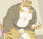  2020 anthro asian_clothing blush bodily_fluids clothing cum cum_on_hand cum_through_clothing east_asian_clothing felid fundoshi genital_fluids japanese_clothing kemono male mammal moobs nogitu overweight overweight_male pantherine robe sitting solo tiger underwear wet wet_clothing 