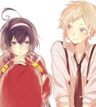  1boy 1girl ahoge artist_request asymmetrical_bangs black_hair black_necktie blue_eyes blush bungou_stray_dogs closed_mouth collared_shirt flower grey_hair hair_flower hair_ornament hairband highres izumi_kyouka_(bungou_stray_dogs) japanese_clothes kimono long_hair long_sleeves looking_at_another low_twintails multicolored_eyes nakajima_atsushi_(bungou_stray_dogs) necktie open_mouth purple_eyes red_kimono shirt short_hair simple_background sitting smile suspenders third-party_source twintails white_background white_hairband white_shirt yellow_eyes 