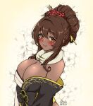  1girl artist_name black_kimono blush breasts brown_hair cleavage closed_mouth commentary dark-skinned_female dark_skin double-parted_bangs english_commentary eyelashes floral_background flower flower_knot from_side fur_collar goddess_of_victory:_nikke hair_between_eyes hair_bun hair_flower hair_intakes hair_ornament hair_stick hoshiberuu japanese_clothes kimono large_breasts lips looking_at_viewer medium_hair noir_(black_rabbit)_(nikke) noir_(nikke) off_shoulder official_alternate_costume official_alternate_hairstyle orange_eyes rose sidelocks smile solo two-tone_kimono upper_body white_kimono 