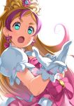  1girl absurdres blonde_hair blue_eyes box character_name cure_flora earrings gloves go!_princess_precure haruno_haruka highres jewelry long_hair multicolored_hair precure puffy_short_sleeves puffy_sleeves short_sleeves tiara two-tone_hair white_background white_gloves yuuzii 