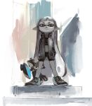  1girl agent_3_(splatoon) arms_at_sides artist_name bike_shorts blunt_bangs closed_mouth full_body greyscale hanako515_ika headphones headphones_around_neck hero_shot_(splatoon) highres holding holding_weapon inkling inkling_girl inkling_player_character jacket long_hair long_sleeves looking_at_viewer midriff monochrome navel open_clothes open_jacket pointy_ears shoes short_bangs sneakers solo splatoon_(series) spot_color standing strapless suction_cups tentacle_hair thick_eyebrows tube_top twintails very_long_hair weapon 