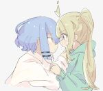  2girls blonde_hair blue_hair blush bocchi_the_rock! closed_mouth eye_contact from_side green_hoodie hand_on_another&#039;s_face holding_another&#039;s_arm hood hoodie ijichi_nijika long_sleeves looking_at_another multiple_girls open_mouth profile ry_(pitamin5) shirt short_hair side_ponytail simple_background sweatdrop upper_body white_background white_shirt yamada_ryo yuri 