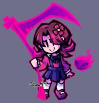  1girl akumu_(glitchtale) bete_noire brown_hair commentary english_commentary glitchtale grey_background holding holding_scythe neck_ribbon octoes_mp4 pink_hair ribbon scythe shoes short_hair simple_background skirt smile solo 
