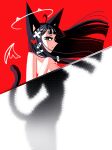  1girl andaerz animal_ears cat_ears cat_girl cat_tail commentary drawn_wings english_commentary from_side hair_ornament hairclip halo highres hime_cut long_hair looking_at_viewer original profile red_background silhouette simple_background solo squinting standing tail topless 