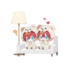  2boys ? amagi_hiiro amagi_rinne animal_costume bear_costume blue_eyes brothers chibi chibi_only couch ensemble_stars! full_body hair_between_eyes heart lamp looking_at_viewer multiple_boys open_mouth red_hair sakuraihum short_hair siblings simple_background sitting triangle_mouth white_background 
